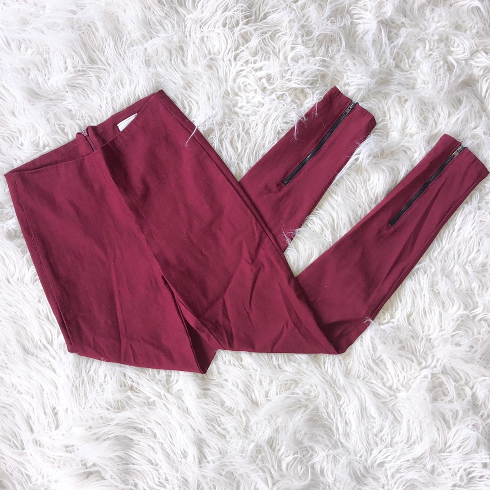 Maroon Hi Rise Pants with Zipper Detail